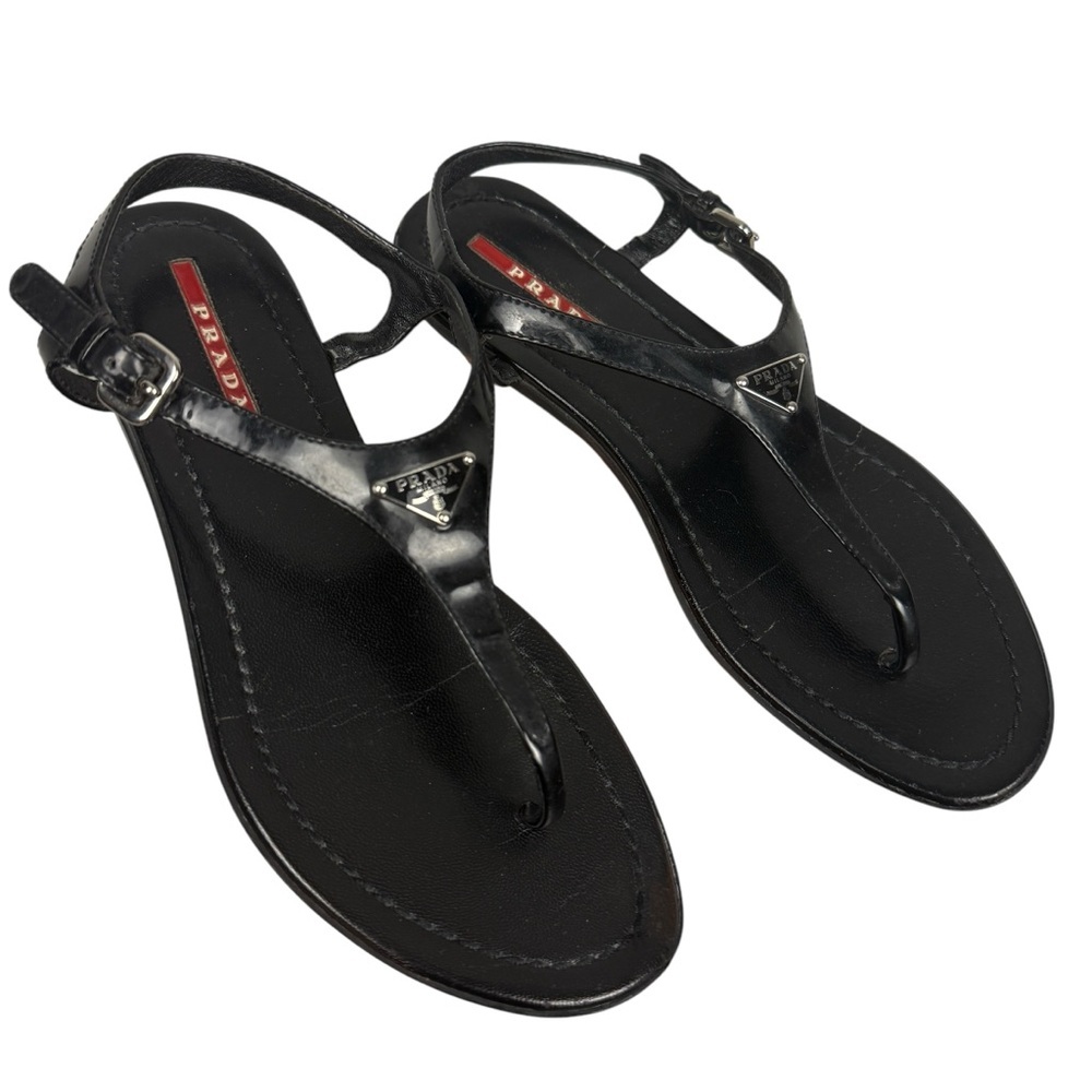Prada Black Leather Thong Strap Plaque Logo Sandals